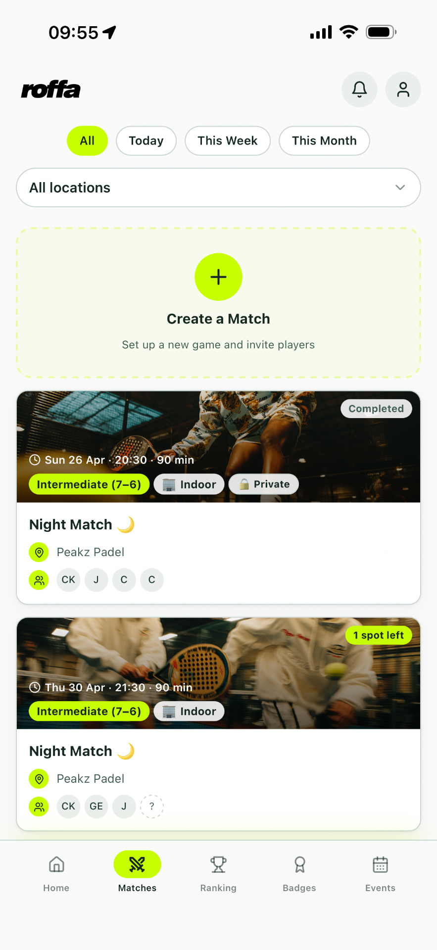 ROFFA app matches screen
